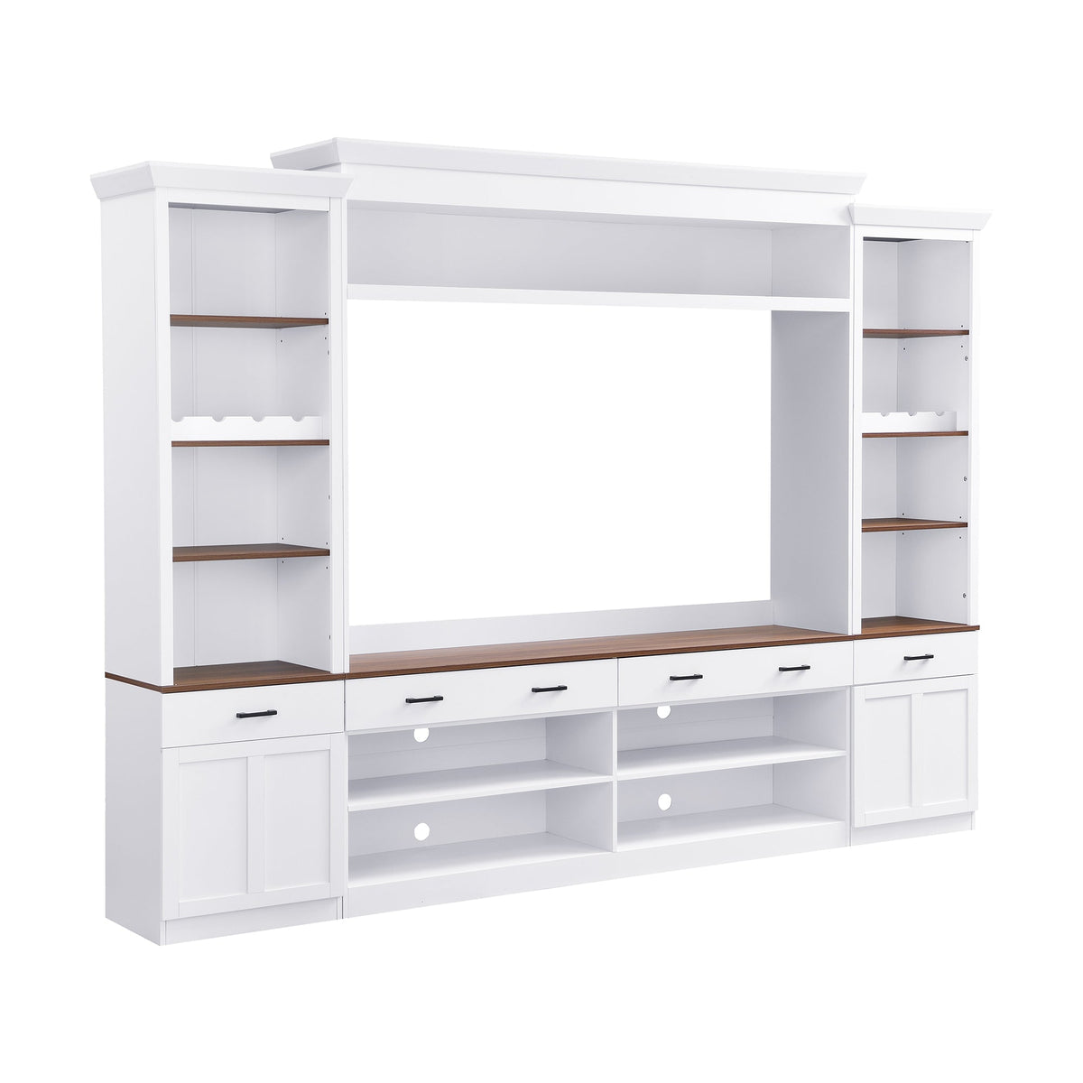 Farmhouse 4-Piece Entertainment Center with Bookshelf for TVs Up to 70" - Walnut MDF