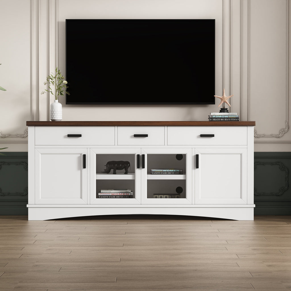 Modern TV Stand with Glass Doors and Adjustable Shelves - White