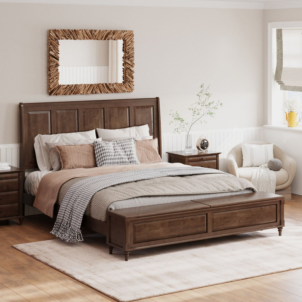 Sleigh Bed Frame with Tall Headboard and Storage Bench - Dark or Light Brown