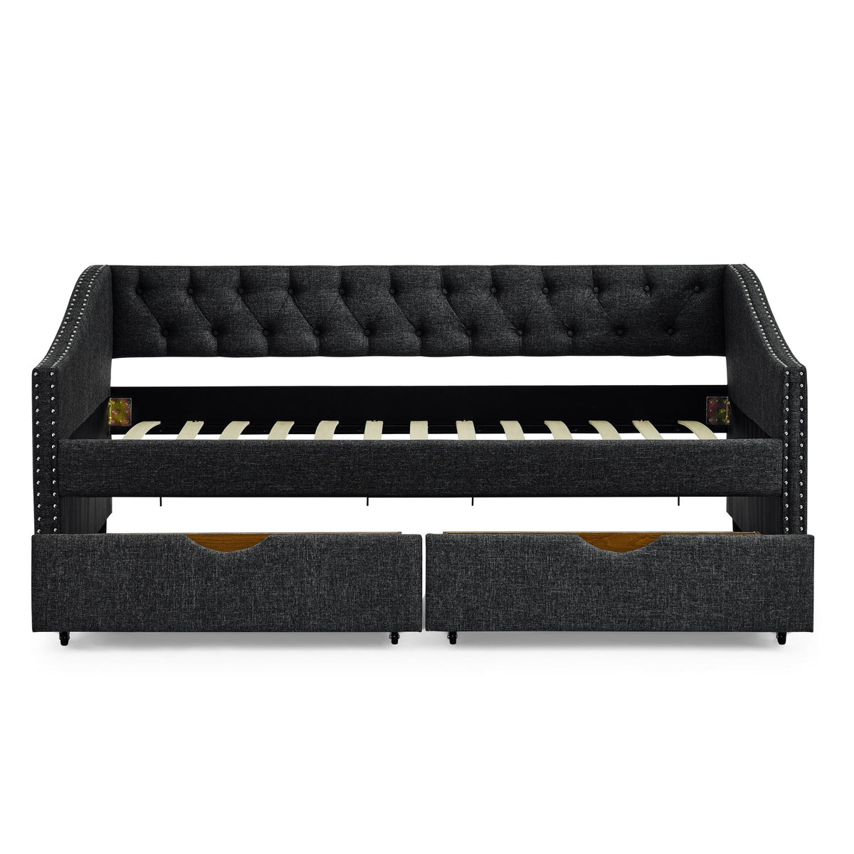 Upholstered Tufted Daybed with 2 Drawers and Waved Arms - Multiple Colors