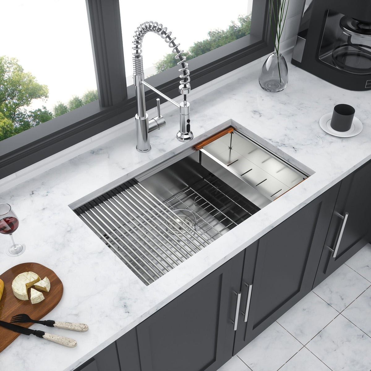 Black Single Bowl Undermount Workstation Kitchen Sink with Accessories