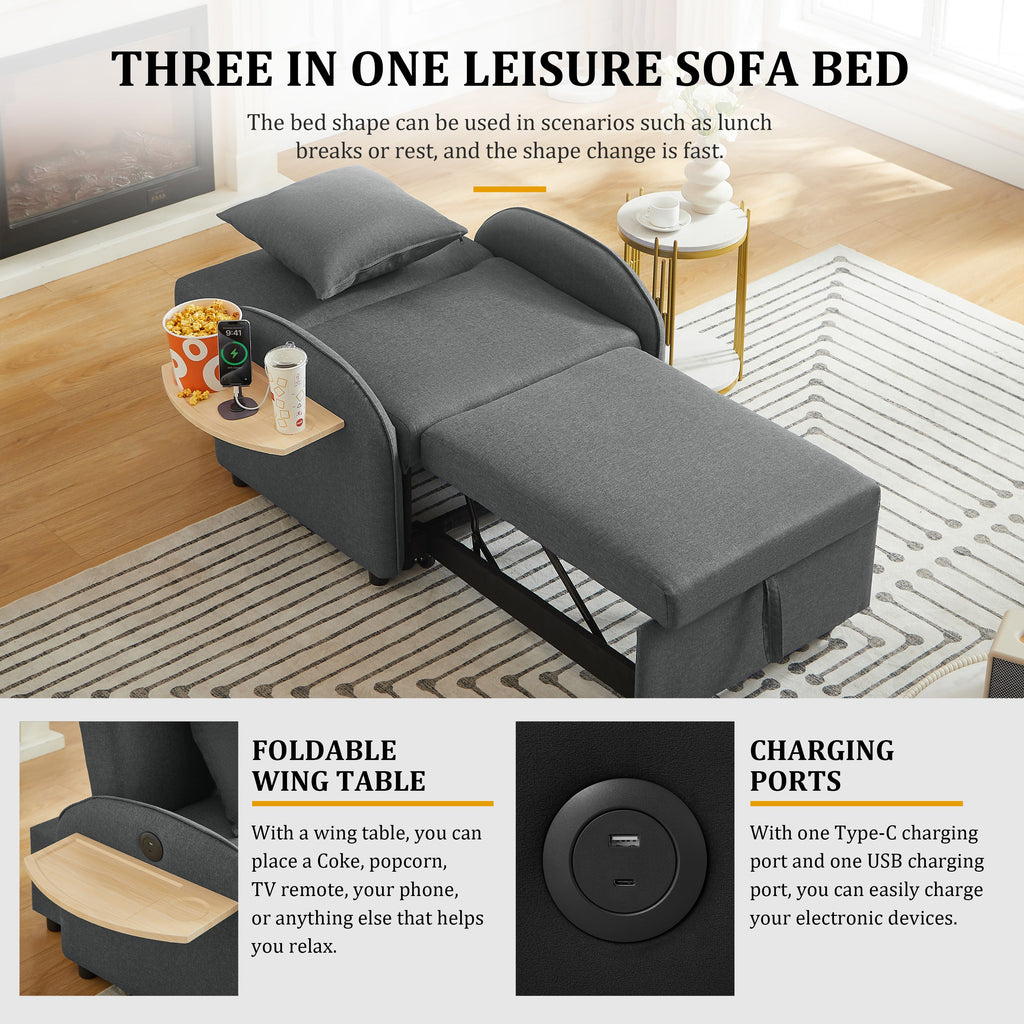 3-in-1 Convertible Sleeper Sofa Chair Bed with USB & Foldable Table - Linen