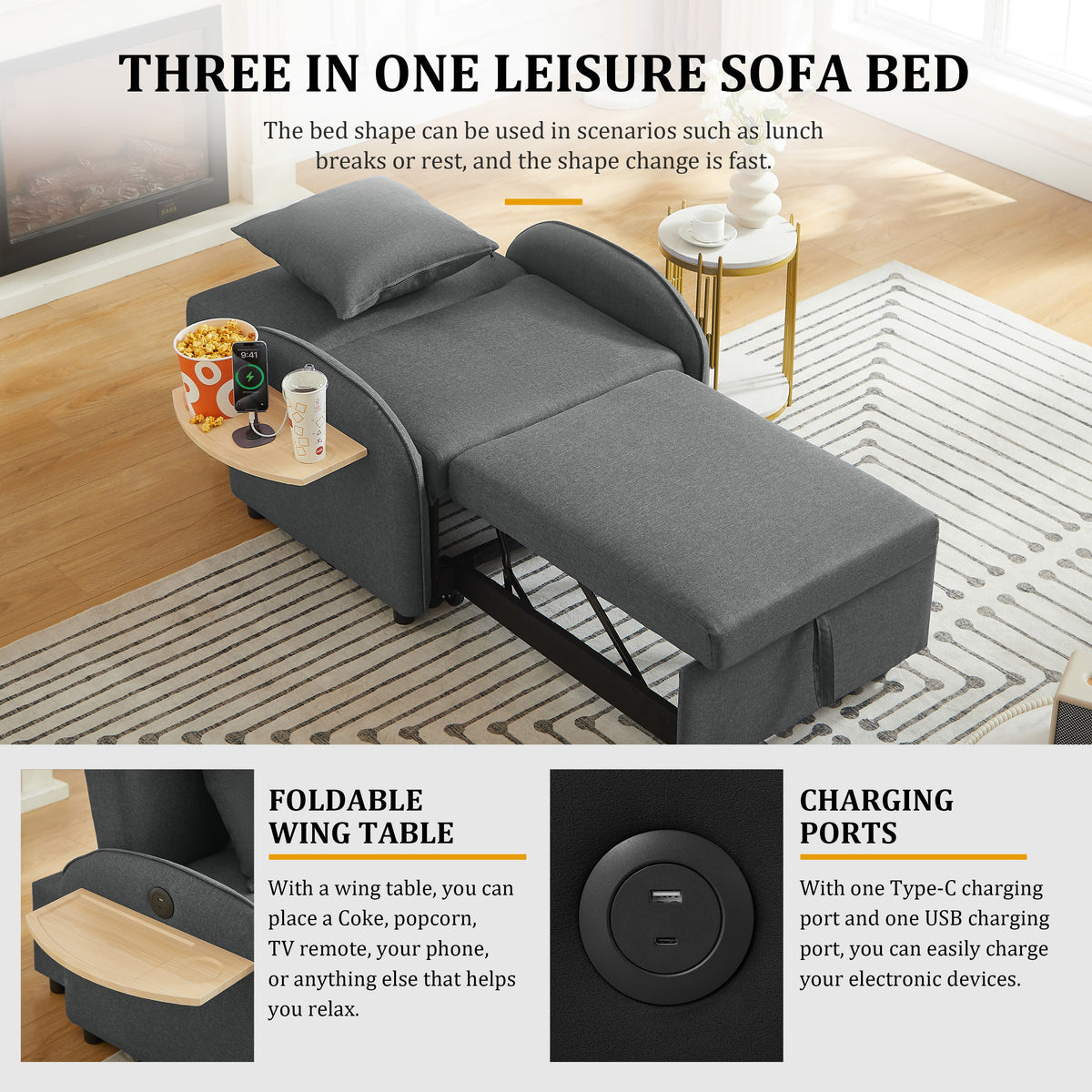 3-in-1 Convertible Sleeper Sofa Chair Bed with USB & Foldable Table - Linen