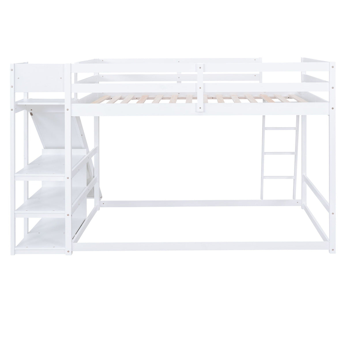 Bunk Bed With Ladder, Slide, and Shelves - Pine Wood, Full Over Full
