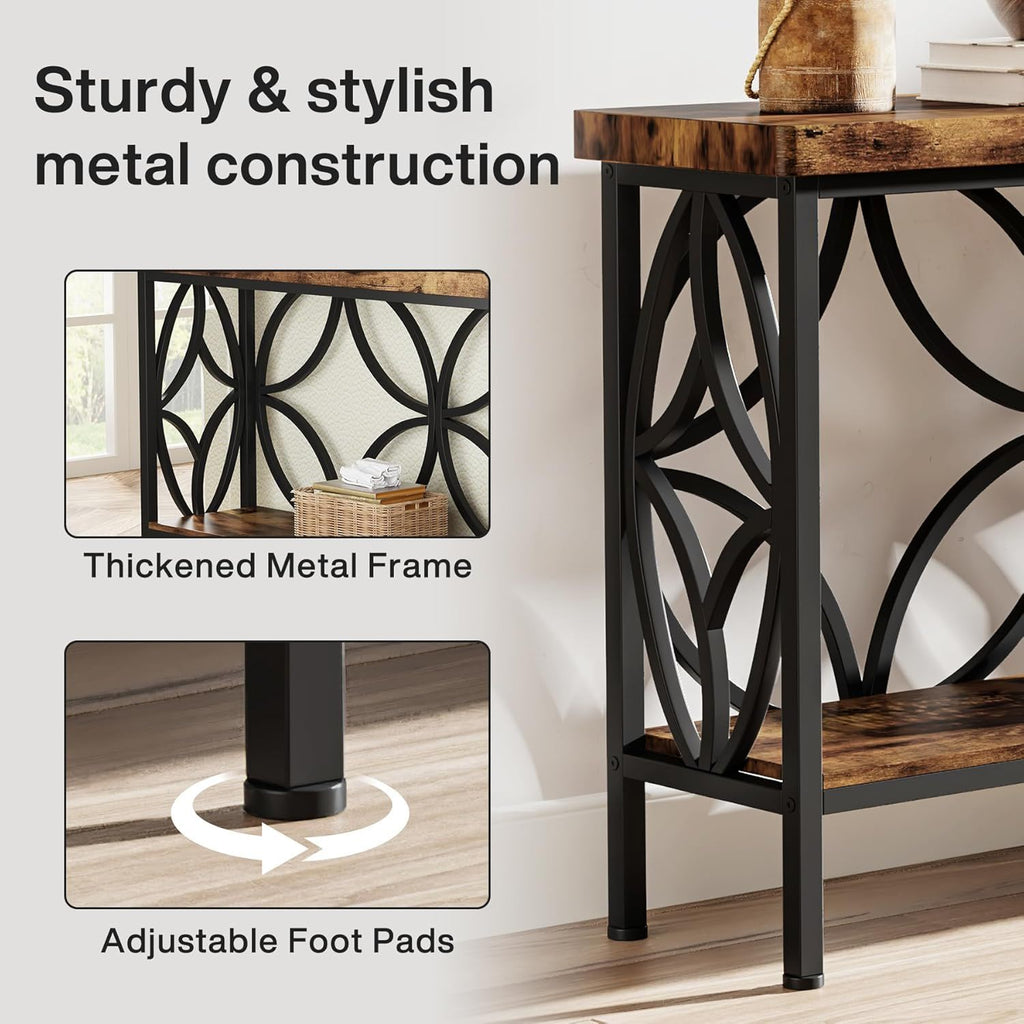 Extra Long Console Table with Open Storage Shelves - Dark Gray or Dark Brown