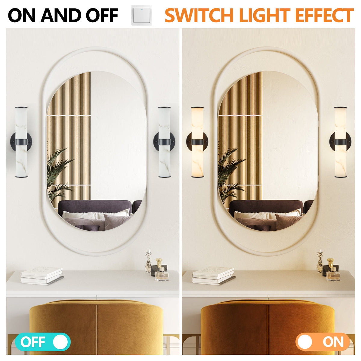 Resin Imitation Marble Texture Wall Light Set of 2 with Black Iron Frame