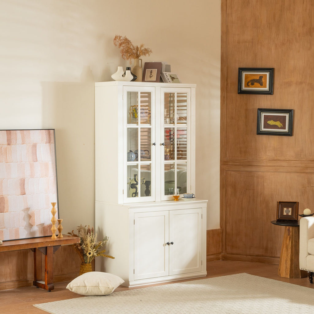 Retro Style Hutch Cabinet with Glass Door - White