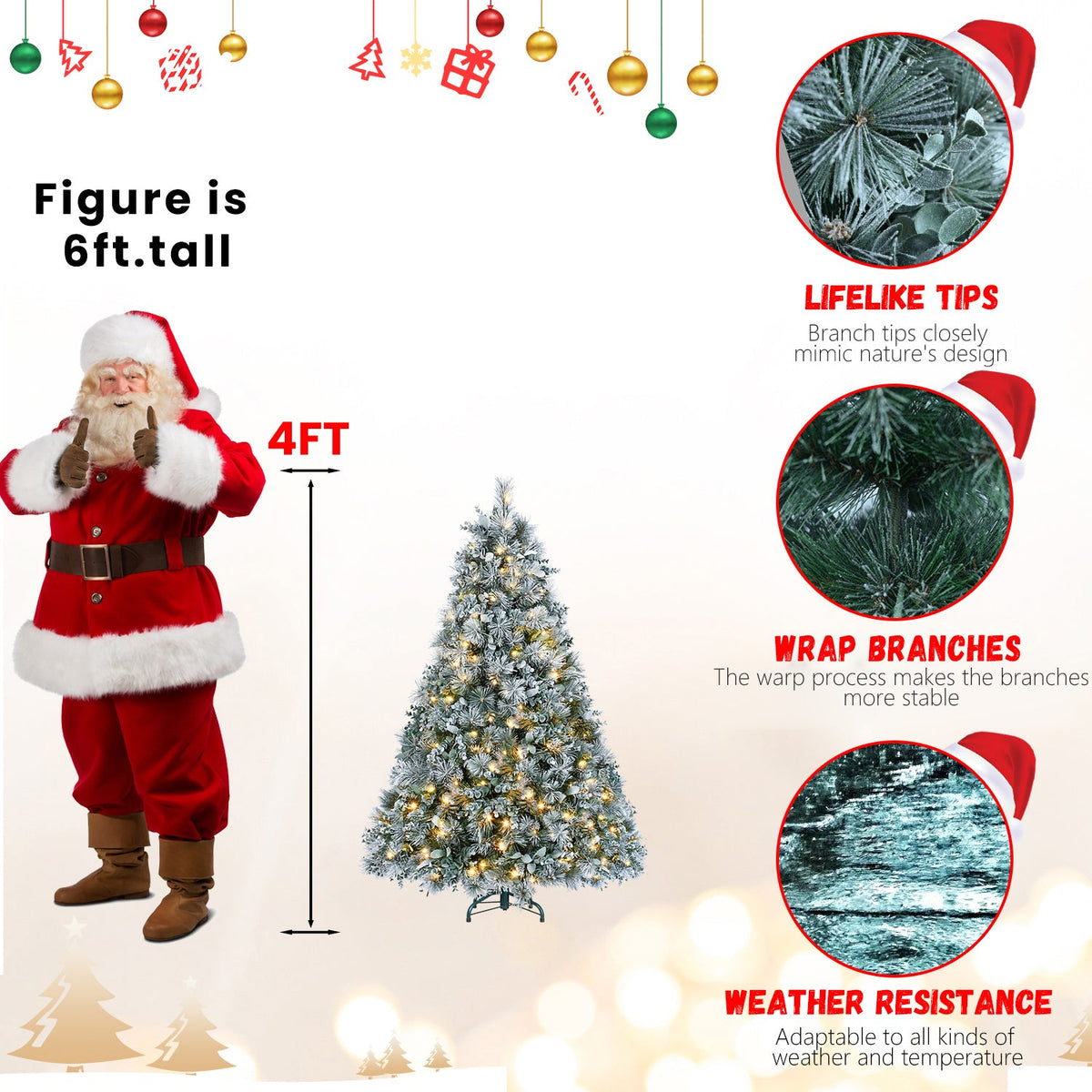 4FT Prelit Flocked Christmas Tree with Pine Needles & Eucalyptus Leaves - Flocked