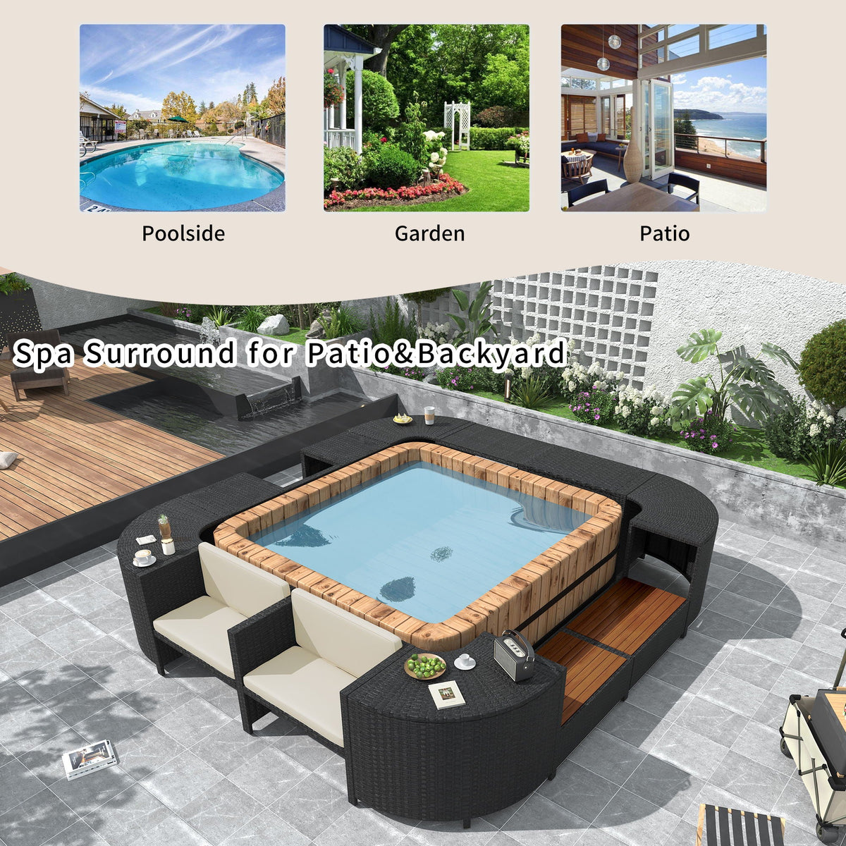 Spa Surround Outdoor Rattan Sectional Sofa Set with Storage - Dark Gray or Beige