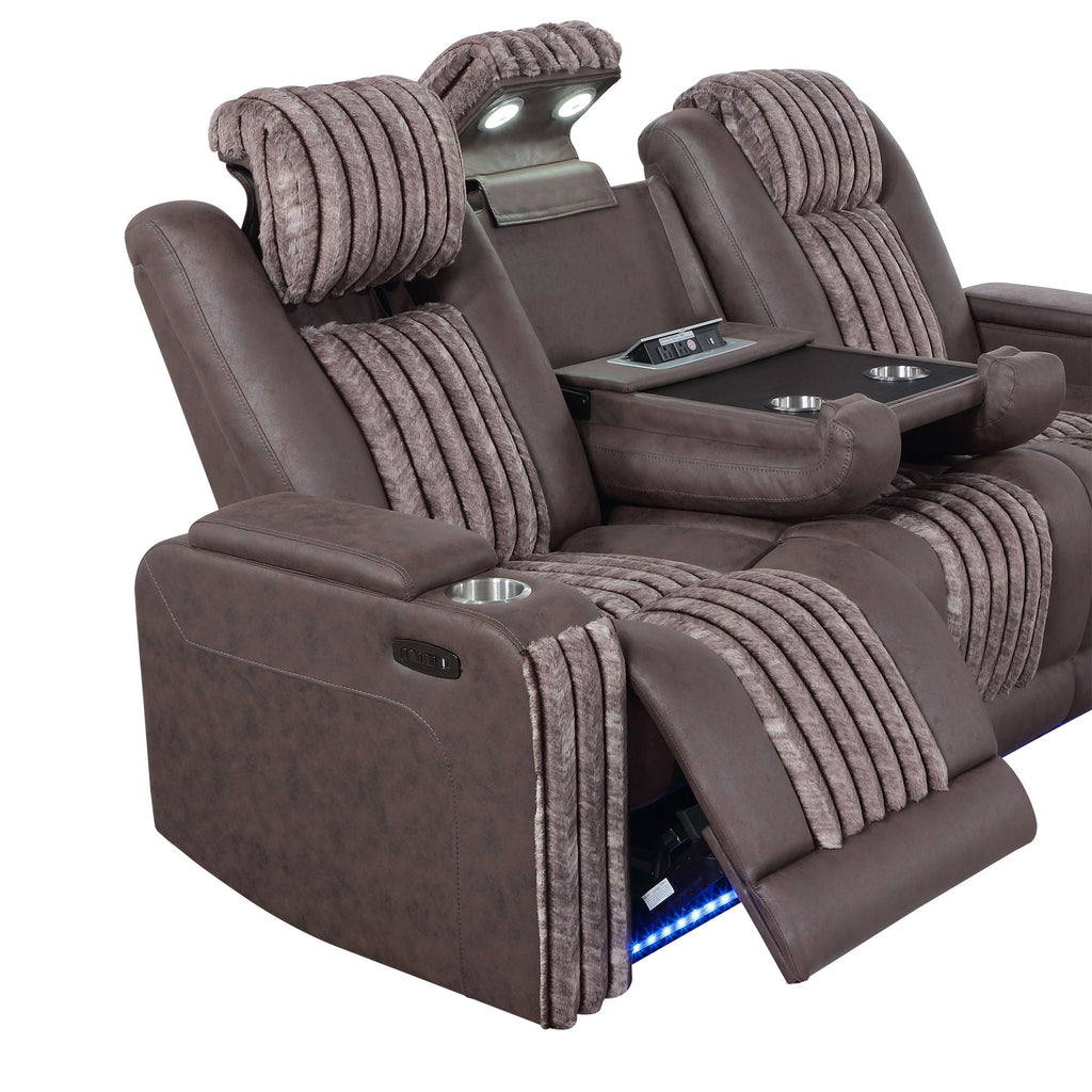 Power Reclining Sofa with Power Headrest and Drop Down Table - Black, Dark Brown, or Dark Gray