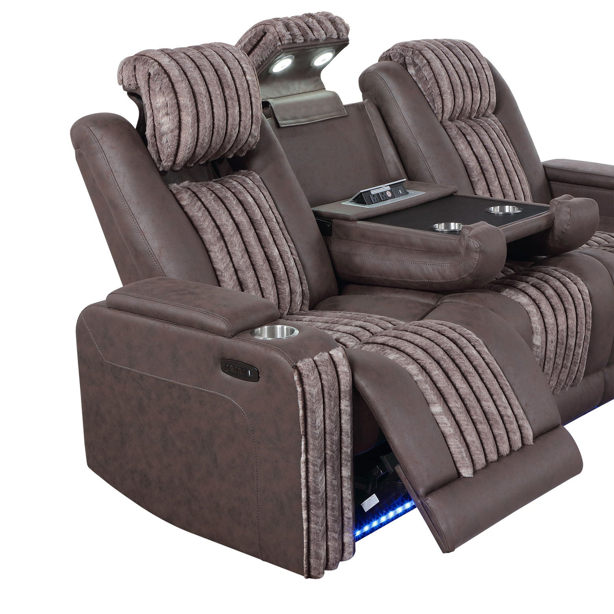 Power Reclining Sofa with Power Headrest and Drop Down Table - Black, Dark Brown, or Dark Gray
