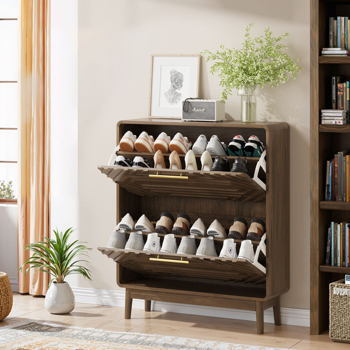Freestanding Shoe Cabinet with Flip Top Drawers - Walnut