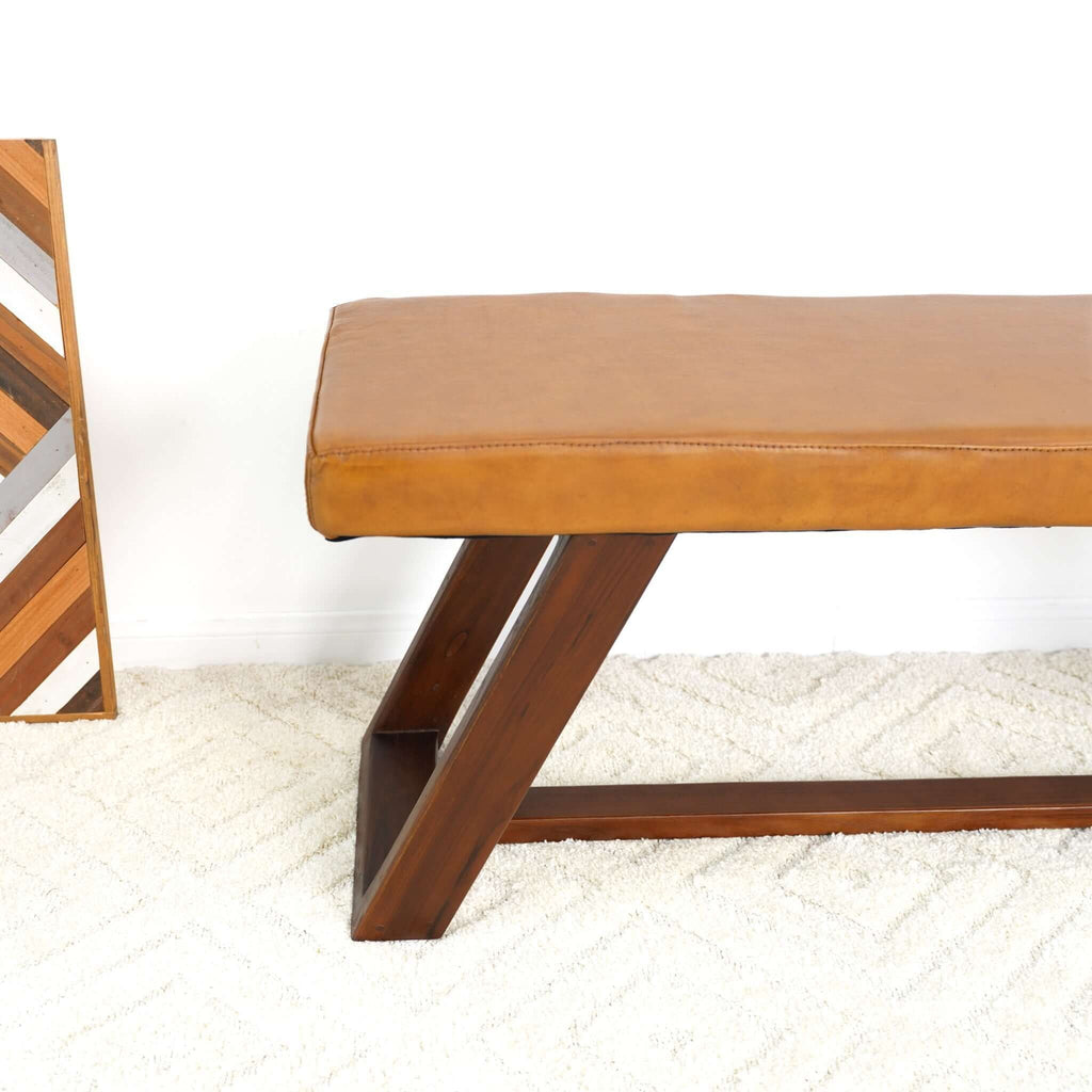 Light Brown Upholstered Bench with Hand Stitching - Genuine Material