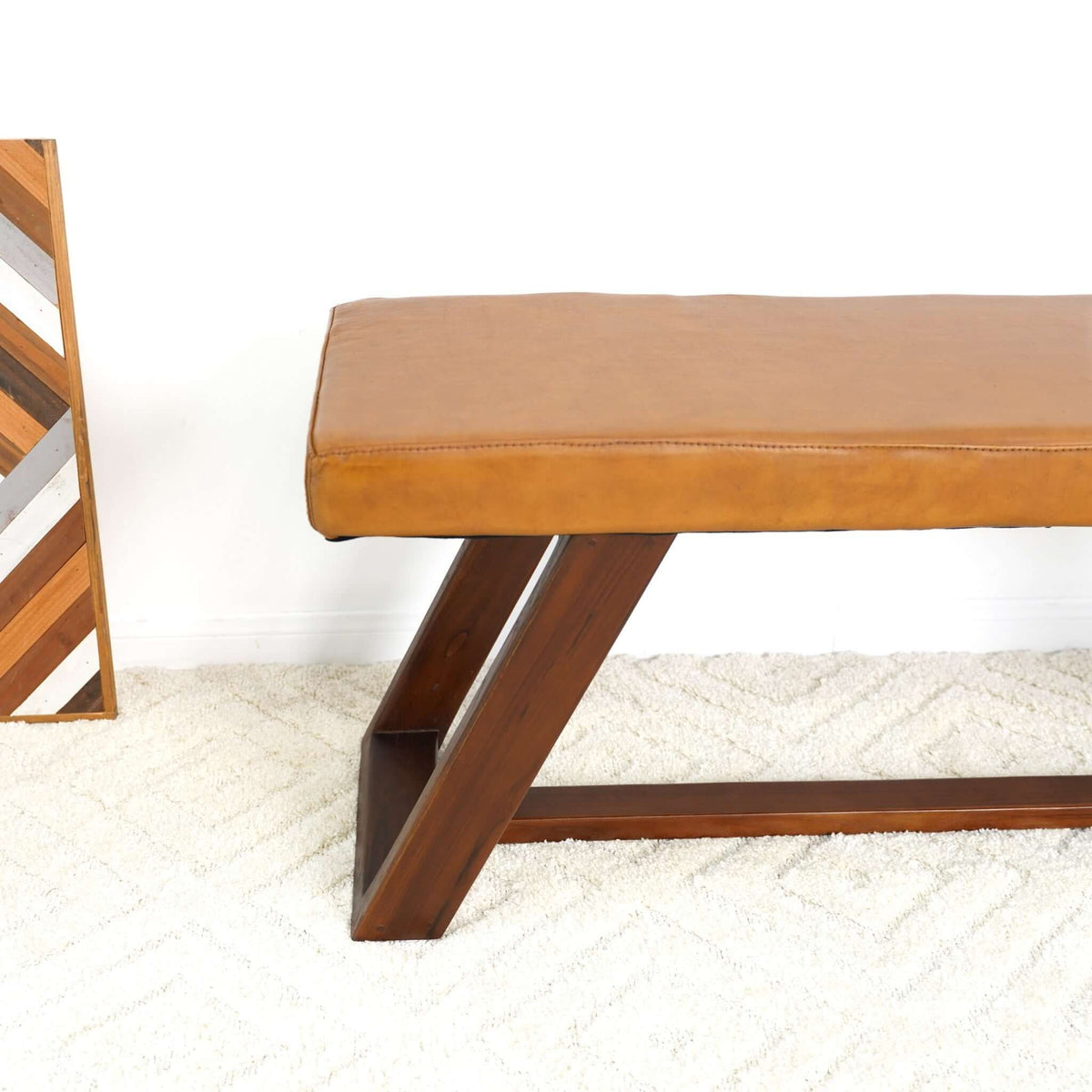 Light Brown Upholstered Bench with Hand Stitching - Genuine Material