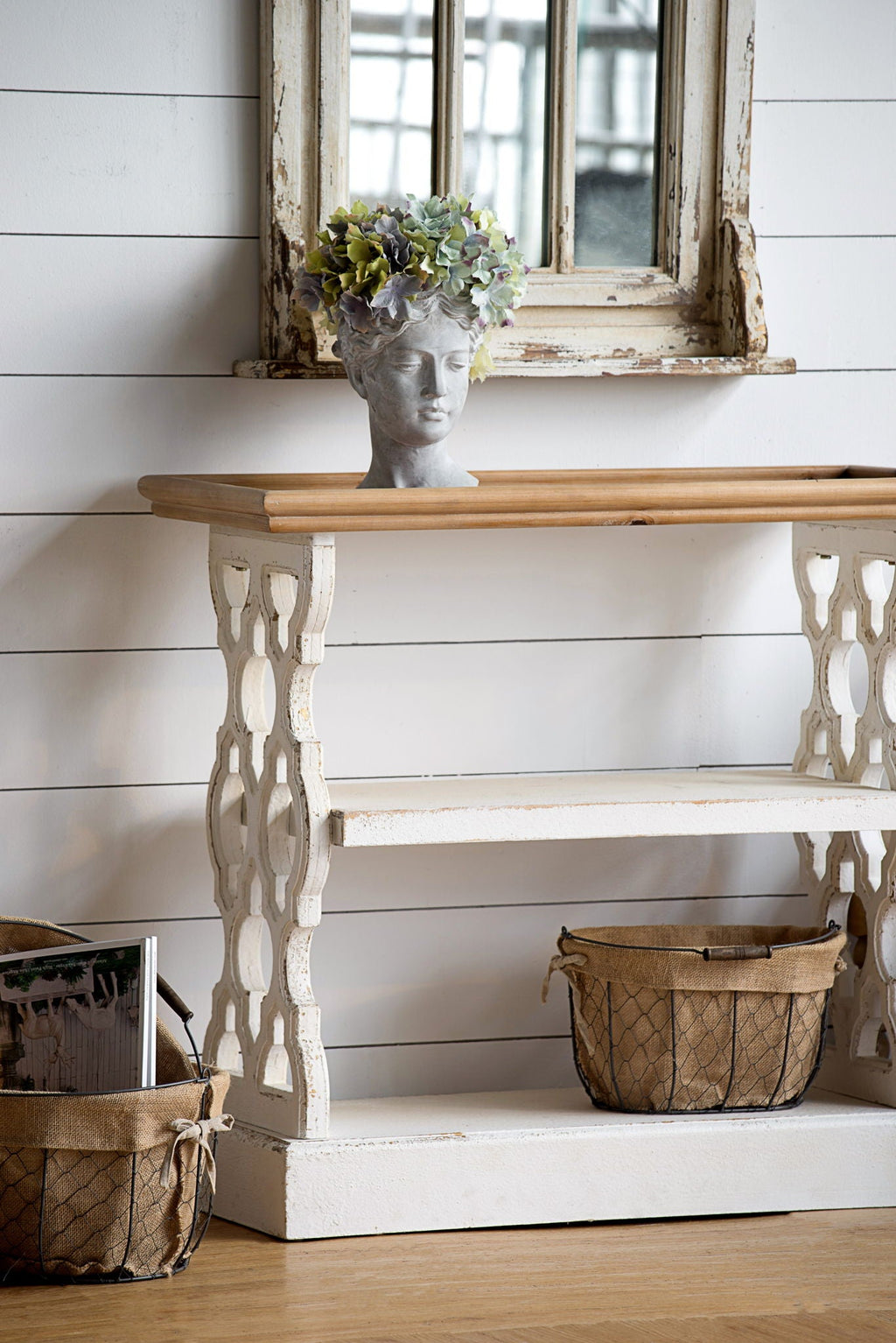 Distressed Wood Shelf Tray Console Table - Brown / Antique White