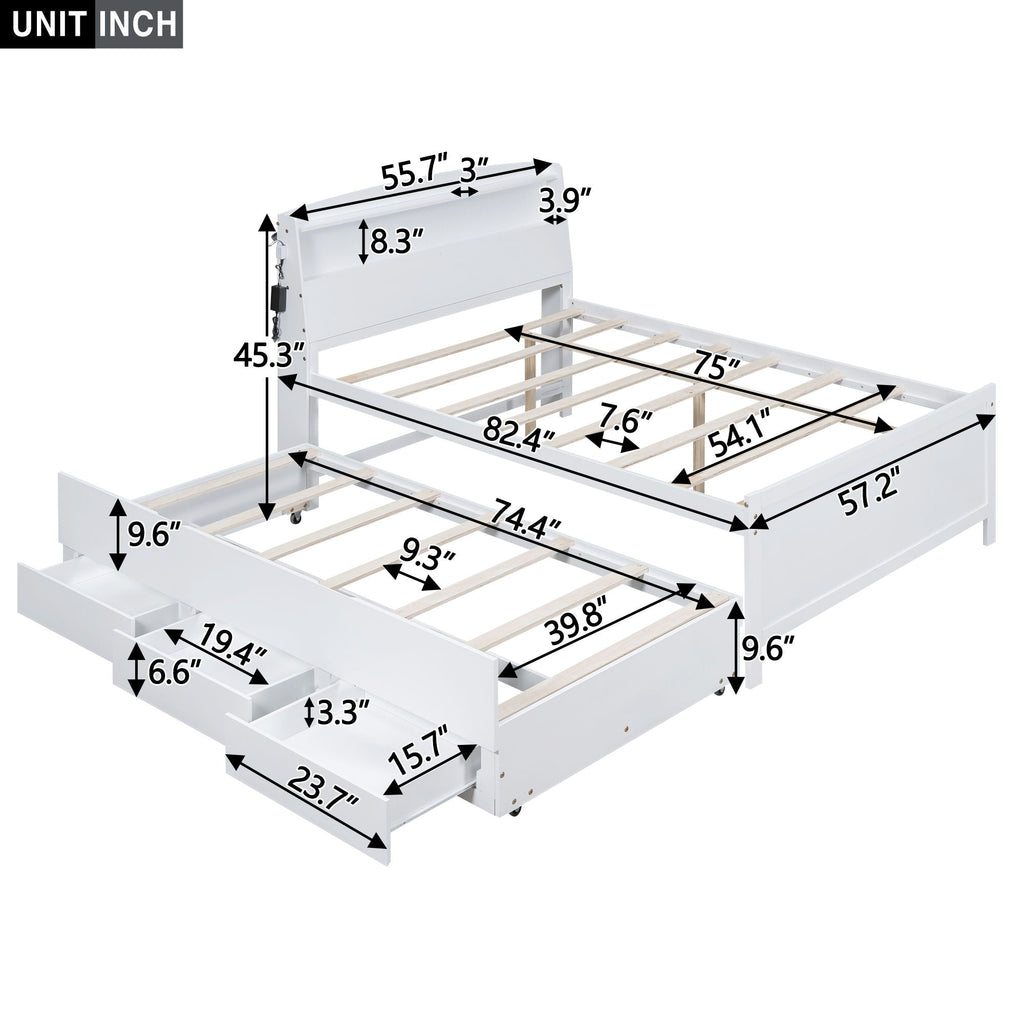 Full Size Platform Bed with Storage LED Headboard and Twin Trundle - White