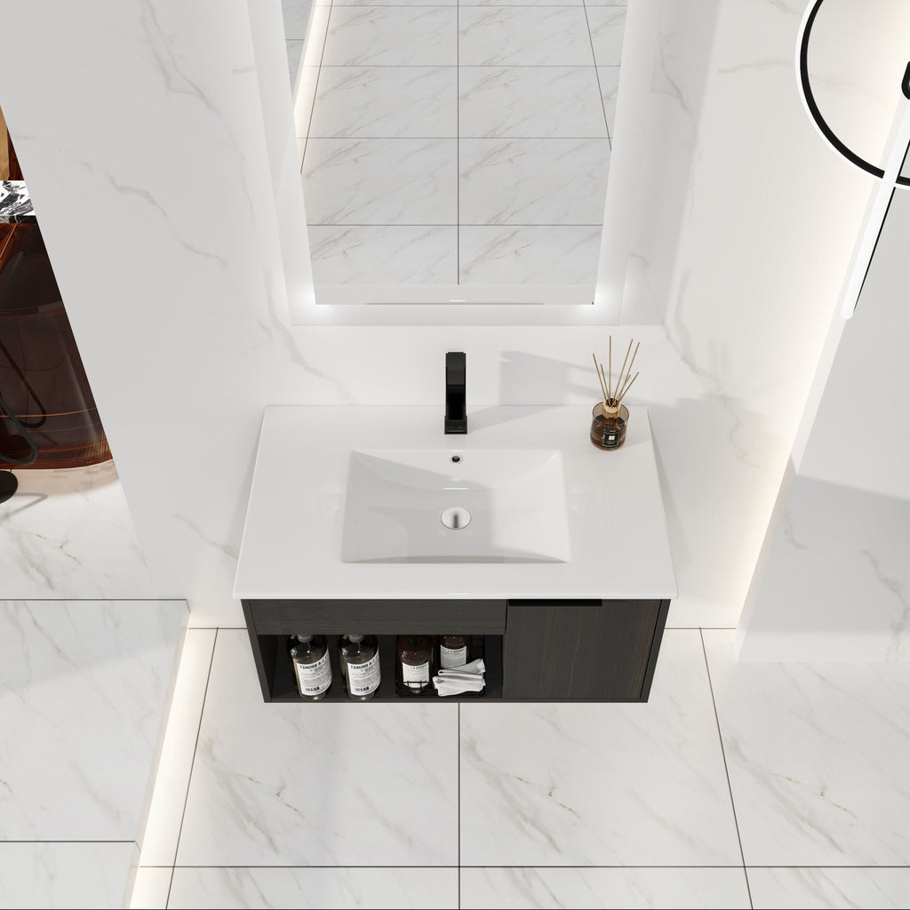 Wall Mounted Floating Bathroom Vanity with Open Shelf & Soft Close Door - Dark Brown