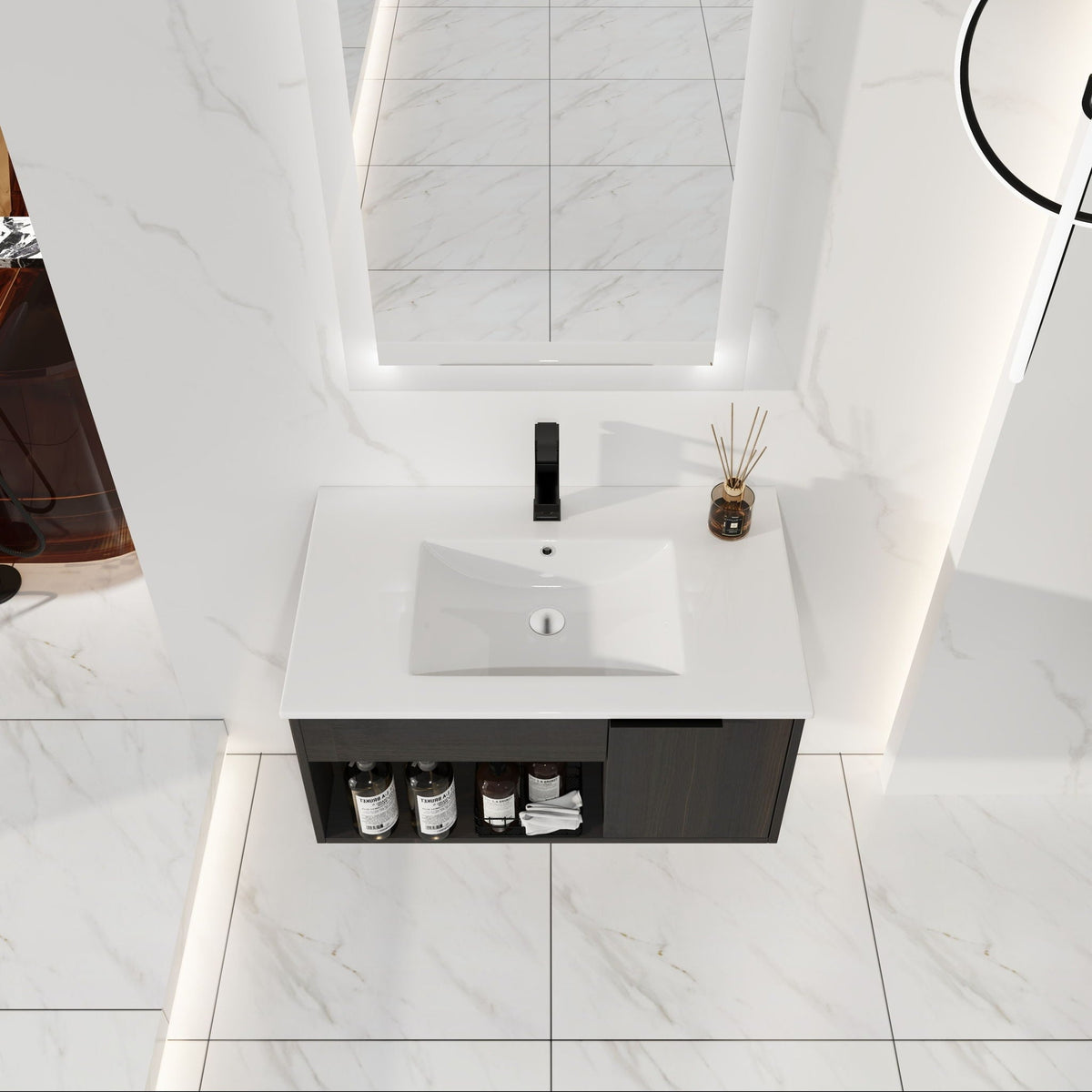 Wall Mounted Floating Bathroom Vanity with Open Shelf & Soft Close Door - Dark Brown