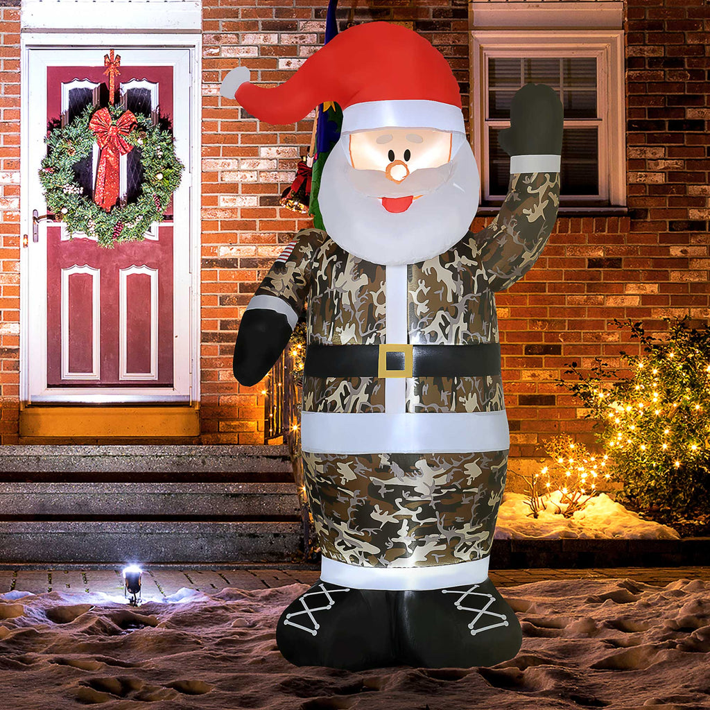 8' Camouflage Santa Christmas Inflatable with LED Lighting - Green