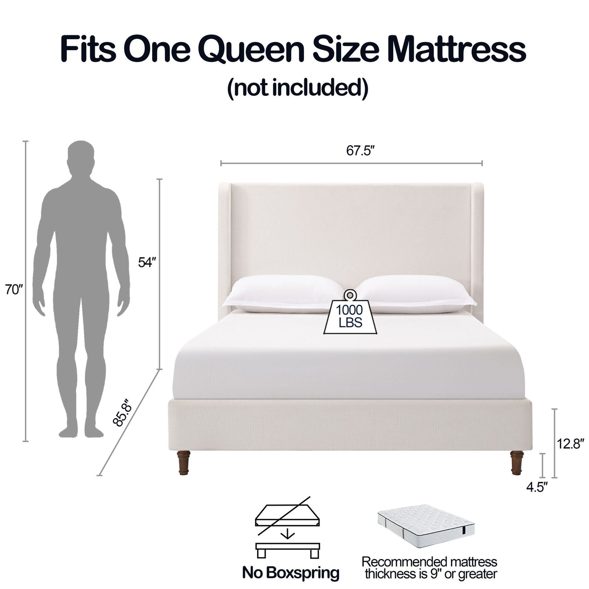 Tall Headboard Upholstered Bed with No Box Spring Needed - Cream