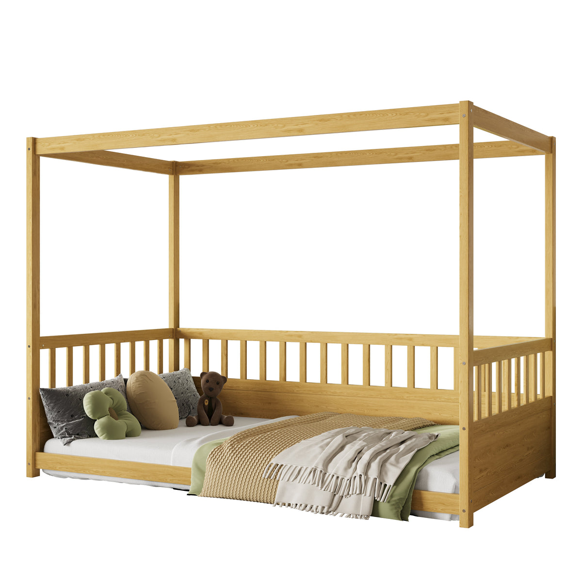 Twin Size Canopy Bed Frame with Guardrails - Natural Wood