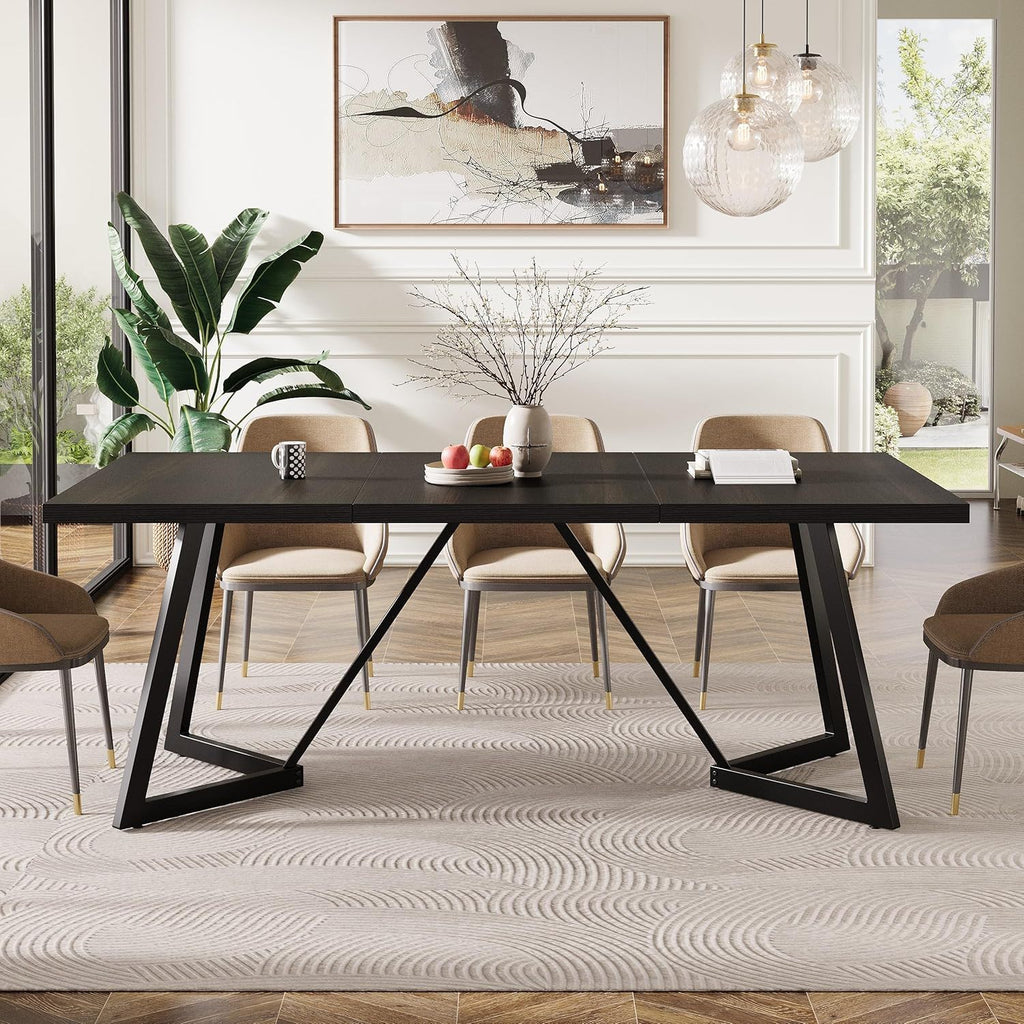 Rectangular Dining Table for 6-8 People with Durable Steel Frame - Black