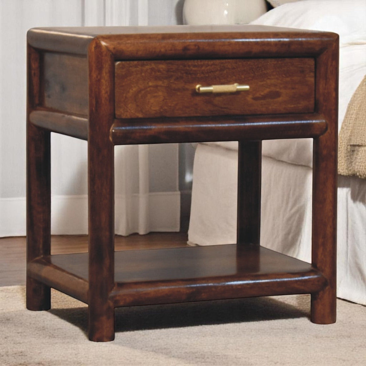 Solid Wood Regency Nightstand with Drawer and Open Shelf - Chestnut