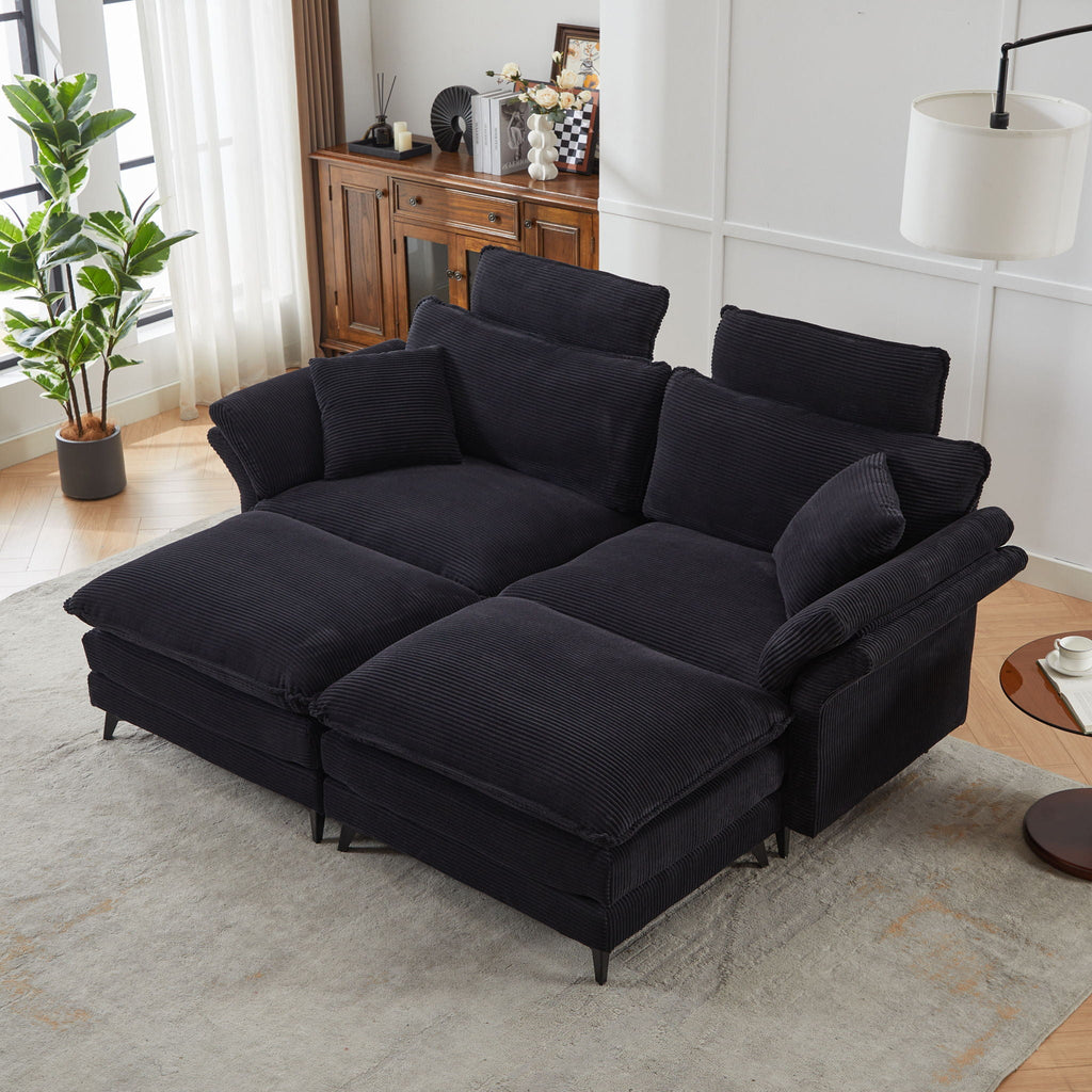 Modern Deep Seat Sectional Sofa with Ottoman - Corduroy - Black or Beige