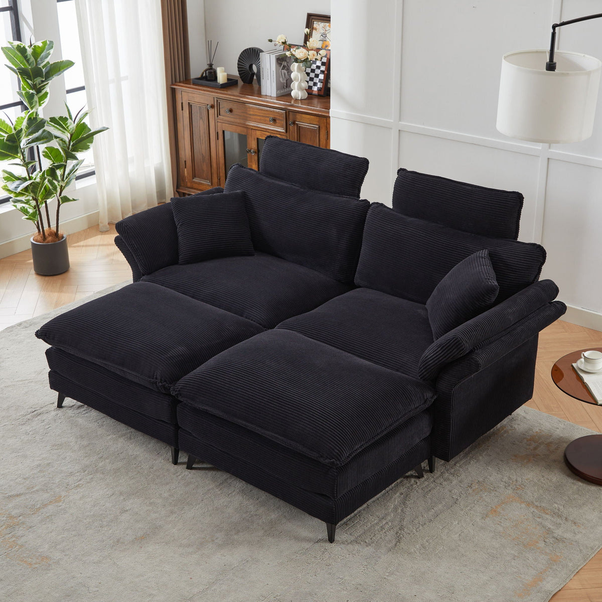 Modern Deep Seat Sectional Sofa with Ottoman - Corduroy - Black or Beige