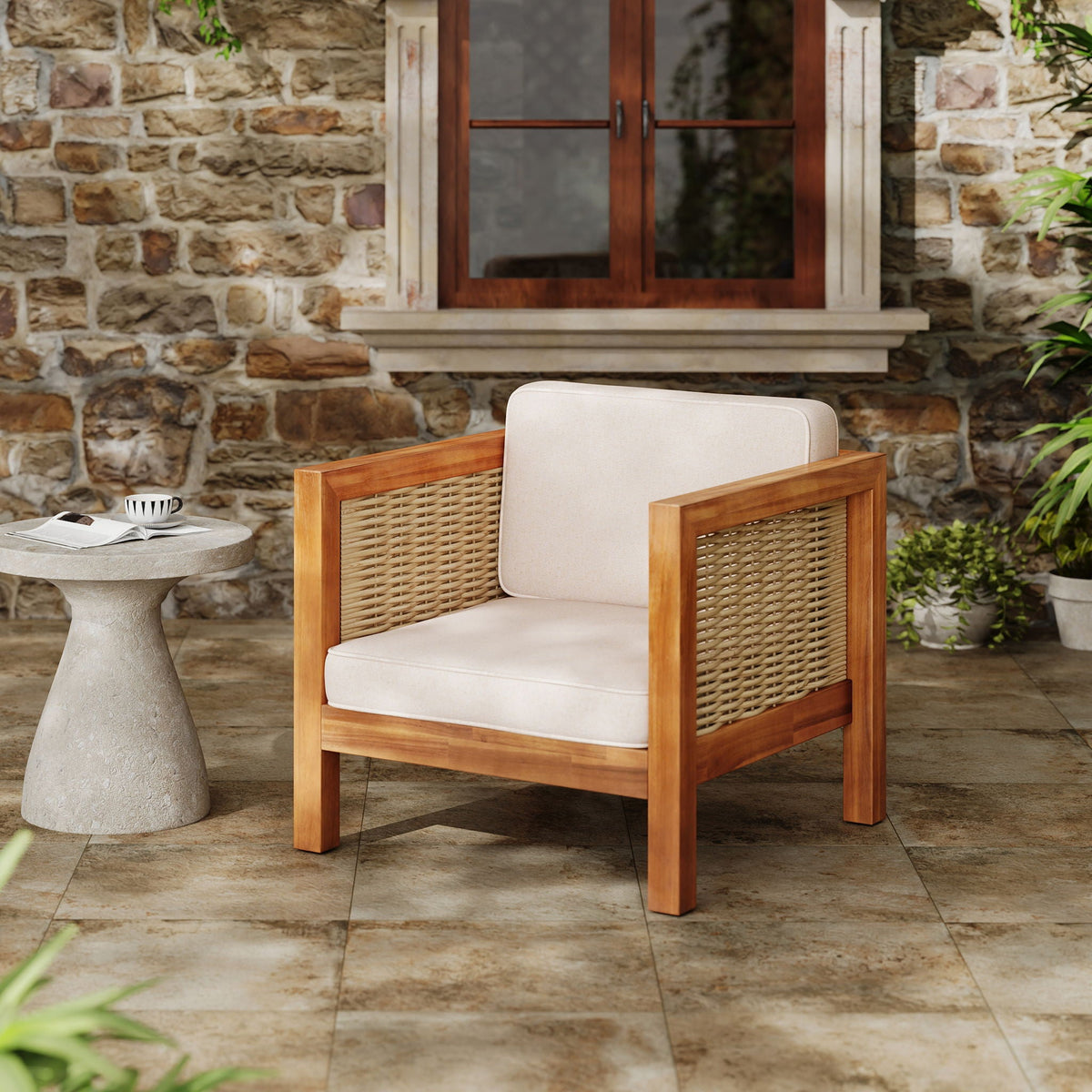 Outdoor Club Chair with Rope Arm and Cushions - Beige Teak