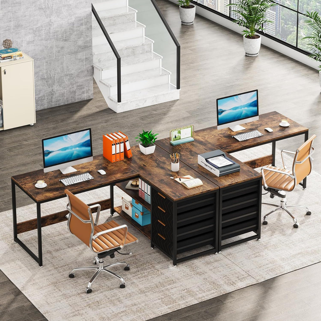 L-Shaped Computer Desk with Drawers and Shelves - Black or Dark Brown