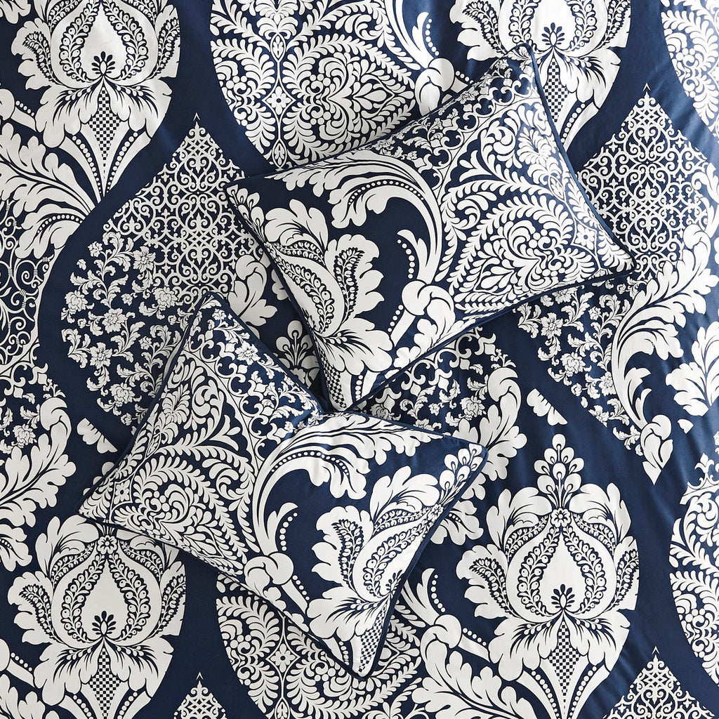 Indigo Cotton Comforter Set with Damask Pattern - Cal King, 7 Piece