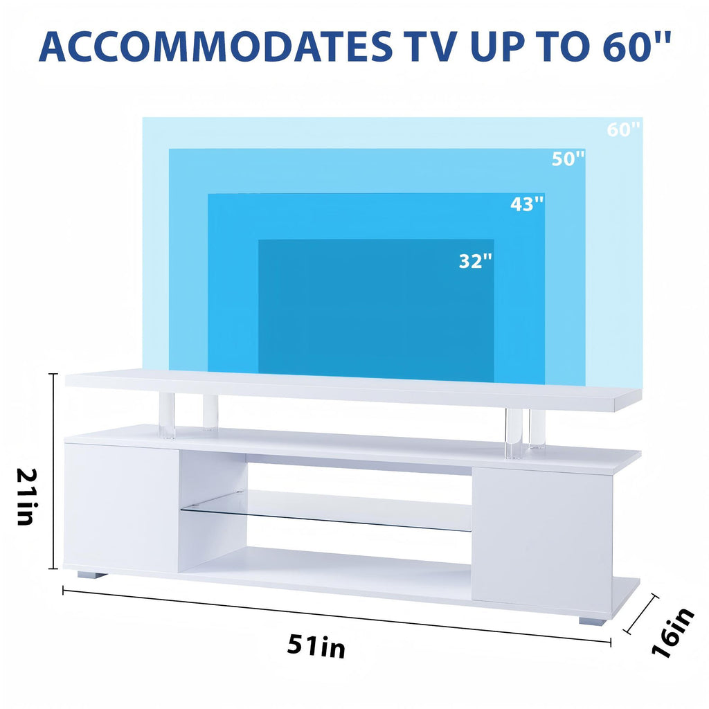 TV Stand with LED and Large Side Cabinet - White, Black, or Gray