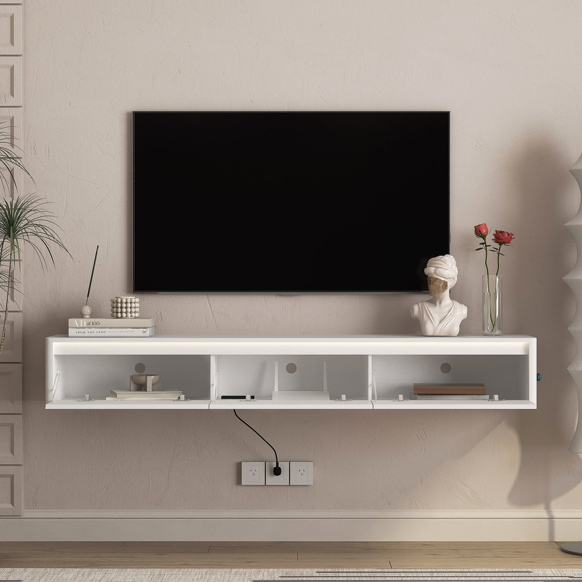 Floating TV Stand with LED Lights & Power Outlet - White or Black