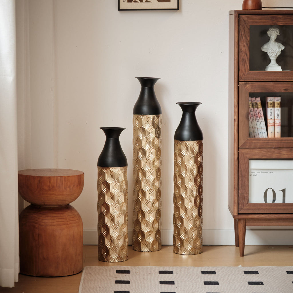 Black & Gold Floor Metal Vases with Durable Metal Construction - Set of 3
