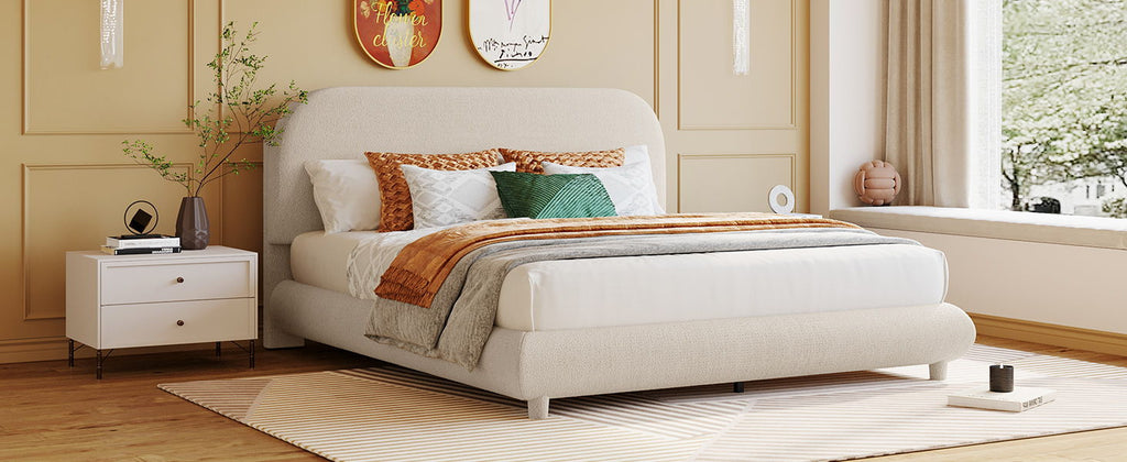Upholstered Platform Bed with Curve-Shaped Frame - Teddy Fleece - Beige or Dark Gray