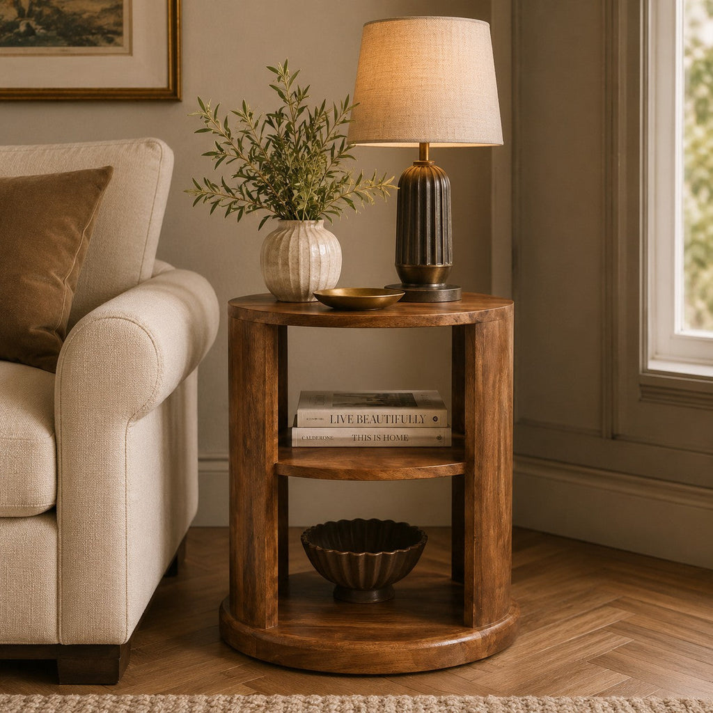 Solid Wood Ventura Open Round Side Table with Open Framework - Golden Teak