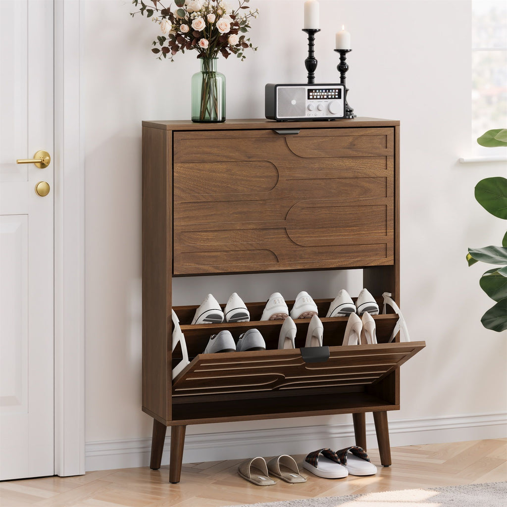 Dark Brown Shoe Cabinet with 2 Flip Drawers - Particle Board