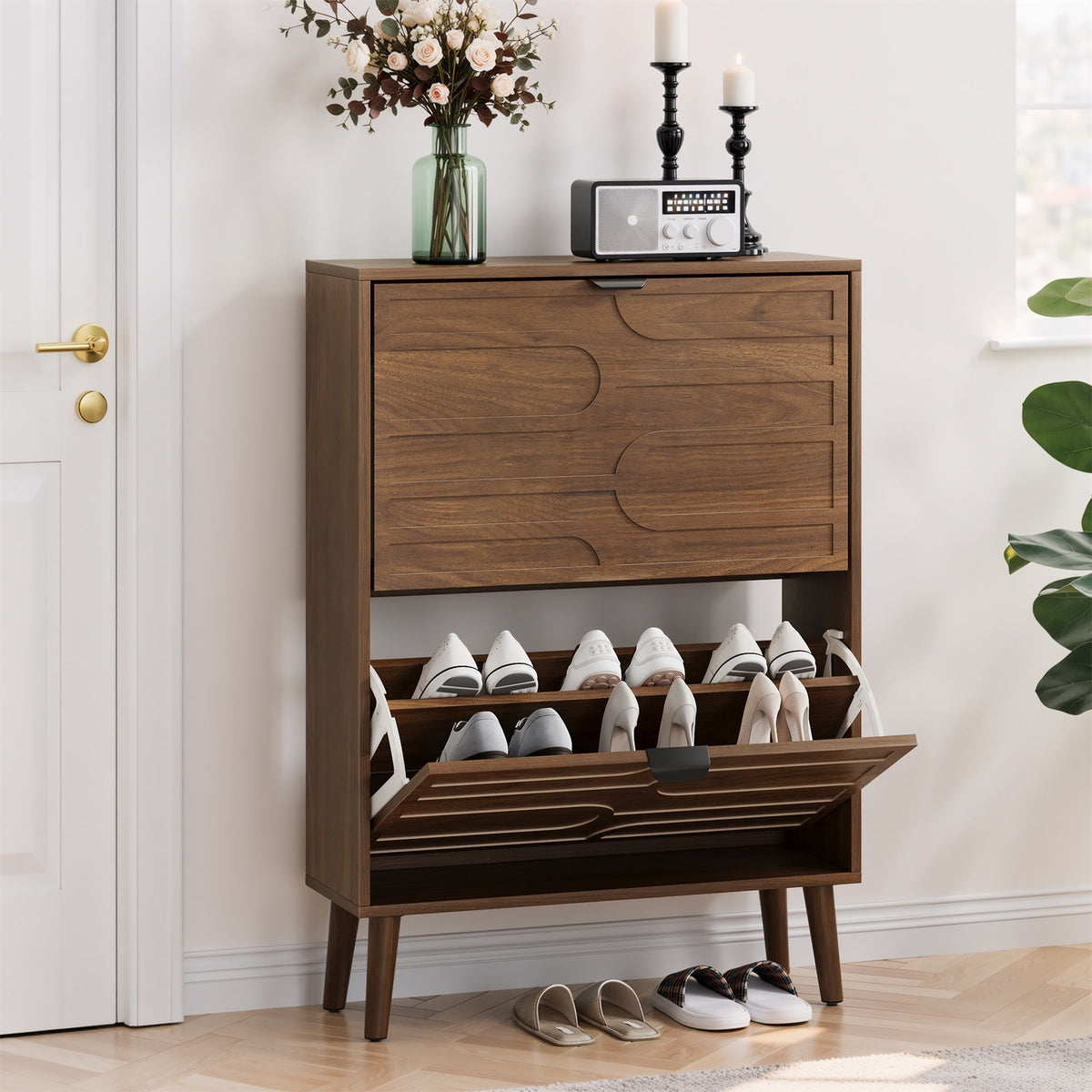 Dark Brown Shoe Cabinet with 2 Flip Drawers - Particle Board