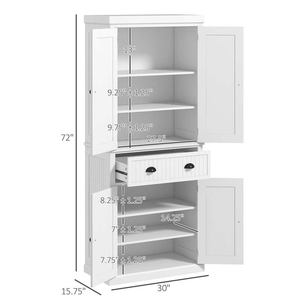 72" Tall Kitchen Pantry Cabinet with Adjustable Shelves and Drawer - White