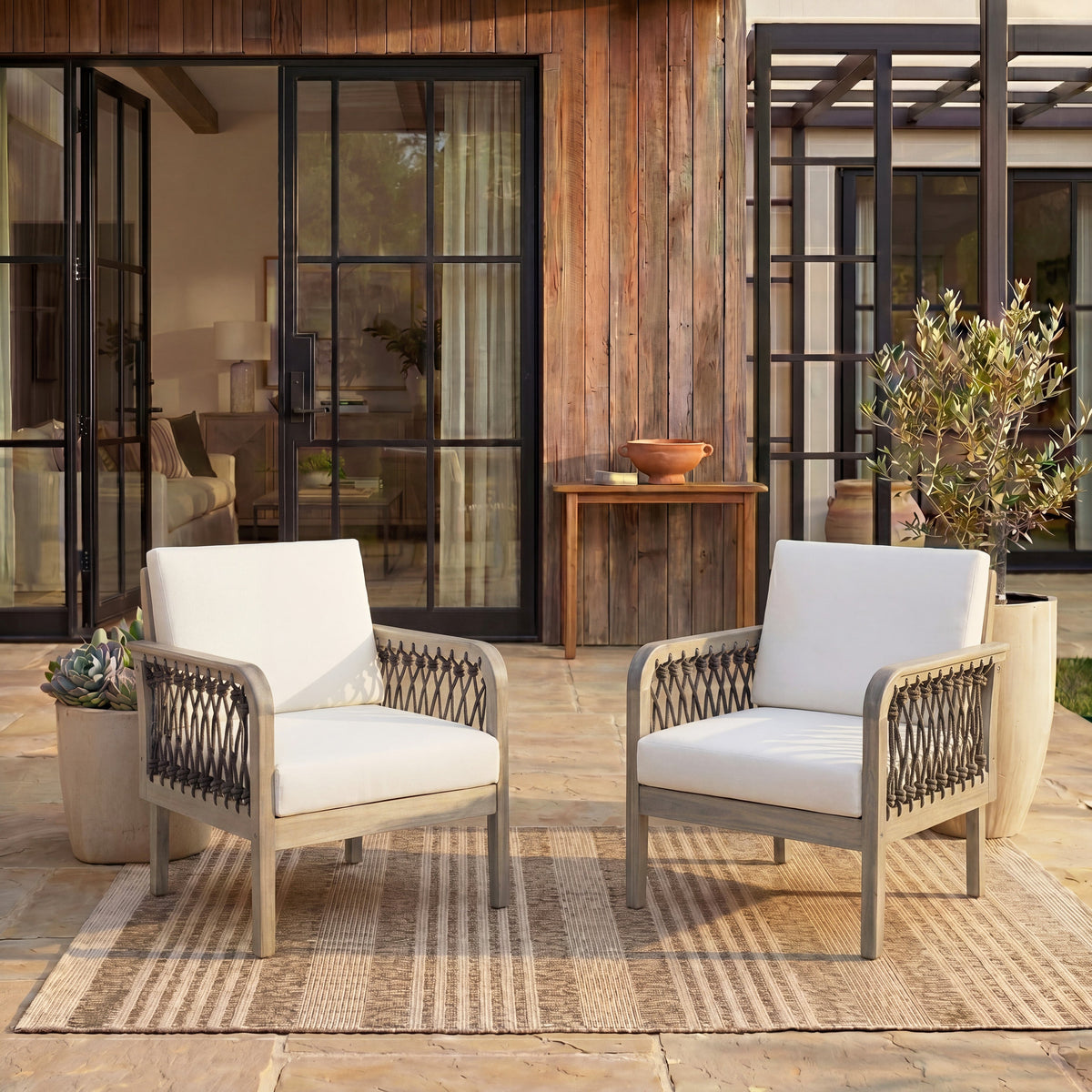 Outdoor Acacia Wood Club Chair with Handwoven Rope Armrests - Cream