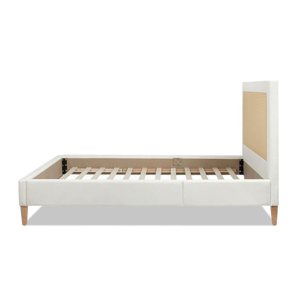 Upholstered Cane Back Platform Bed with Resin Wicker - White