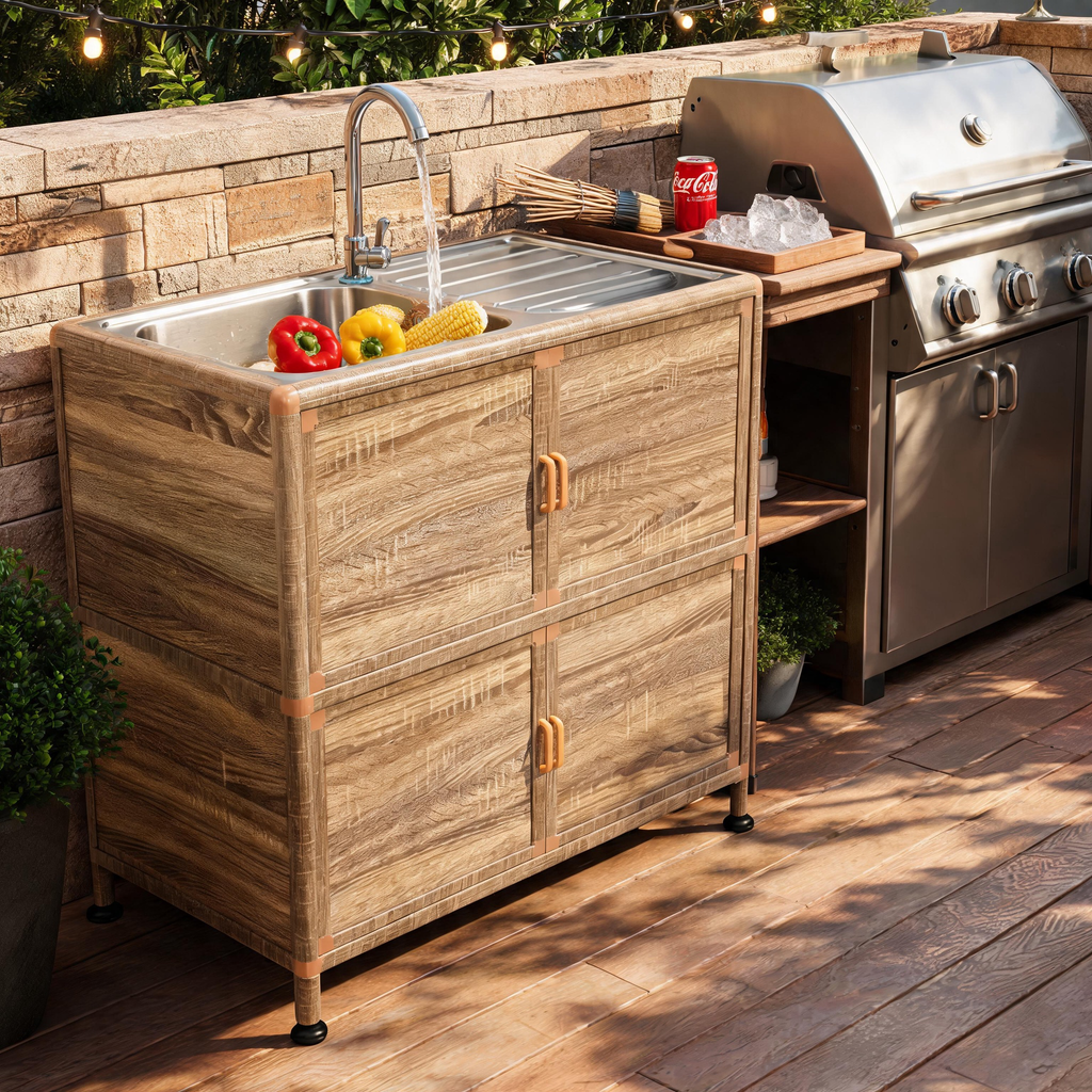 Utility Sink with Cabinet with Lockable Storage - Natural Wood Grain