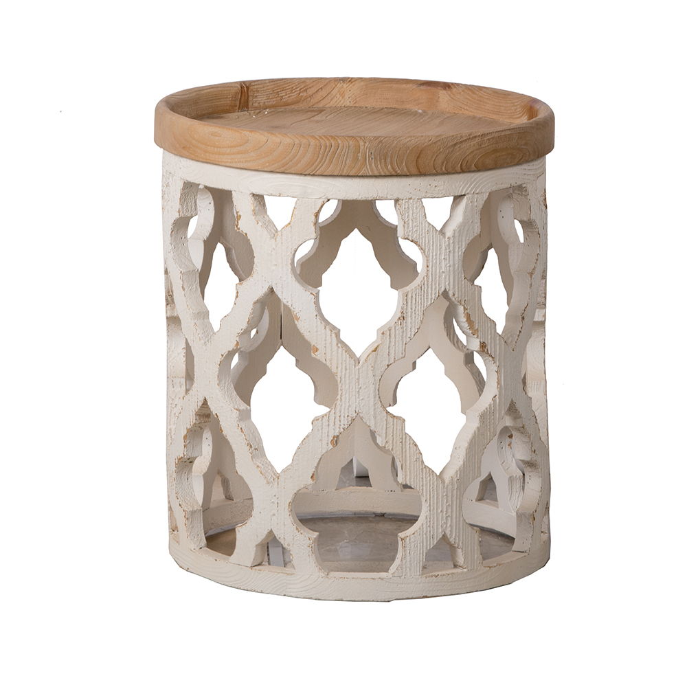 Rustic Round Wooden Side Table with Lattice Detail - Light Brown