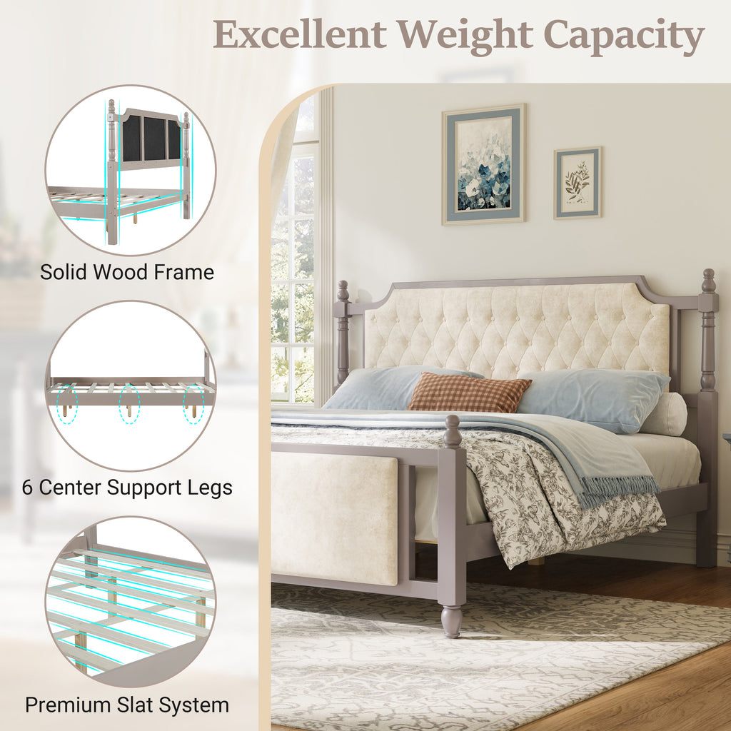 King Size Upholstered Platform Bed with Velvet Button Tufted Headboard