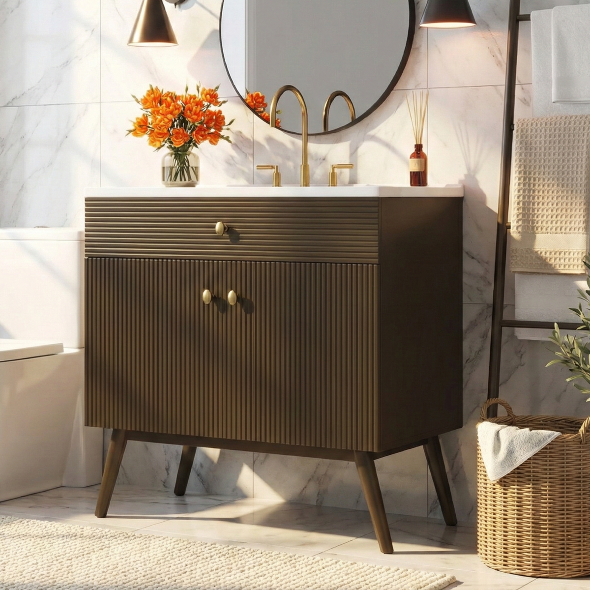 36" Luxury Striped Bathroom Vanity with Soft-Close Dual-Door Storage - Dark Brown