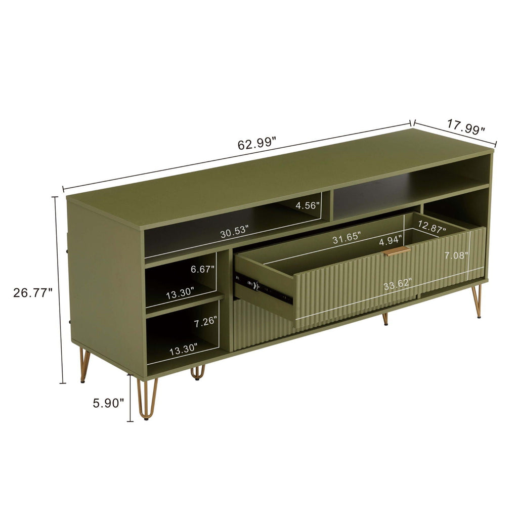 Fluted TV Stand with Storage and Metal Legs - Multiple Colors