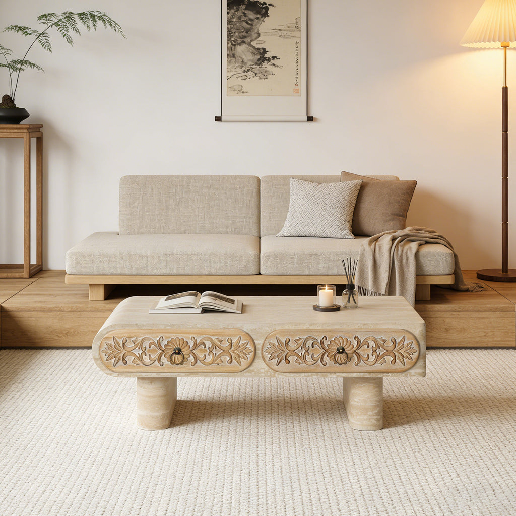 Rounded Edge Coffee Table with Solid Wood Drawer - Flower Pattern