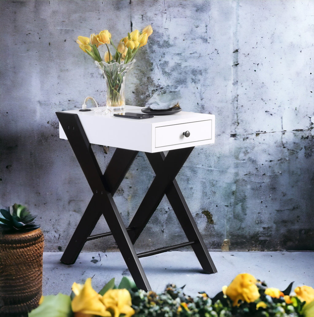 Modern Accent Table with USB Port and Drawer - White/Black