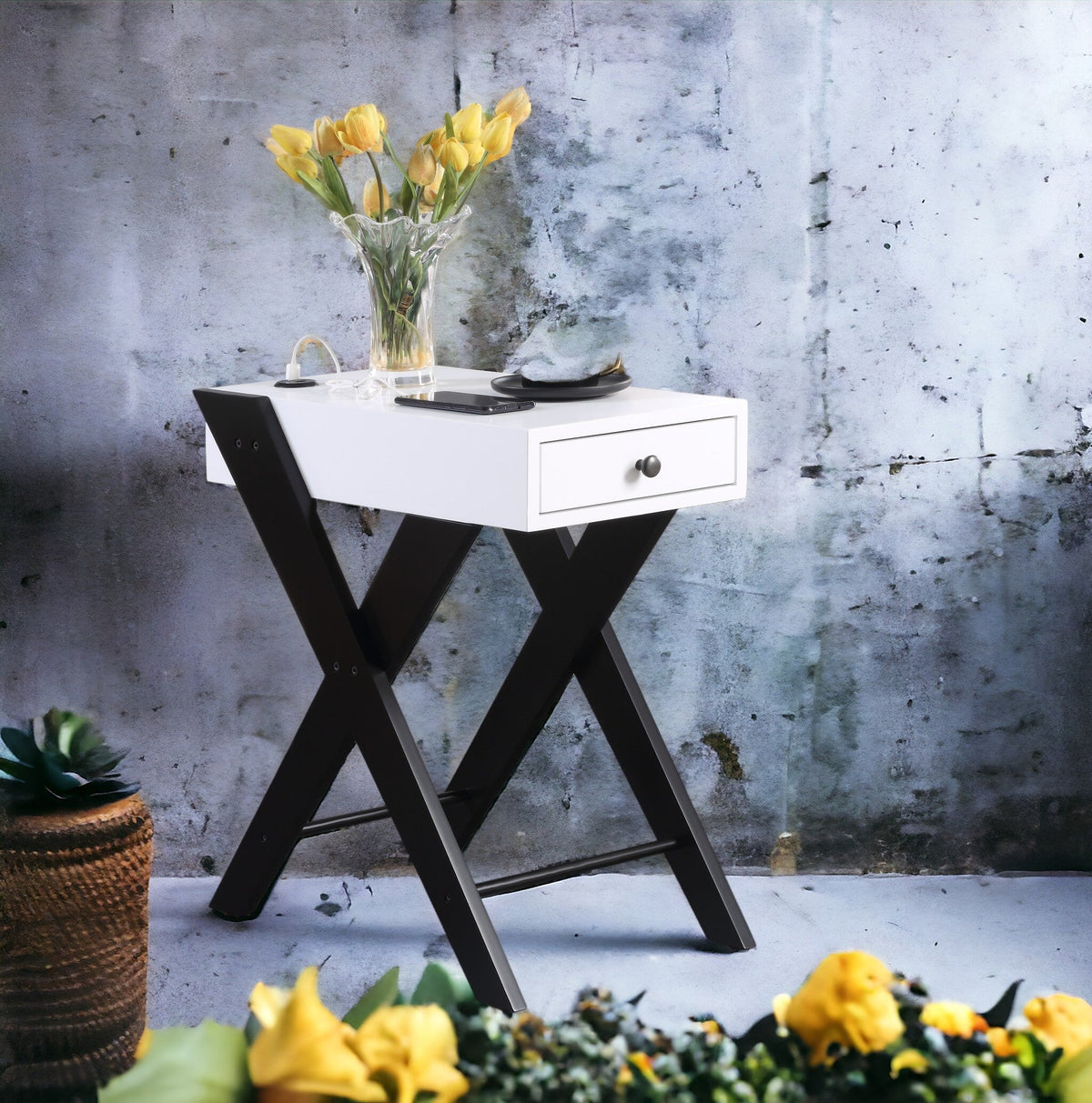 Modern Accent Table with USB Port and Drawer - White/Black